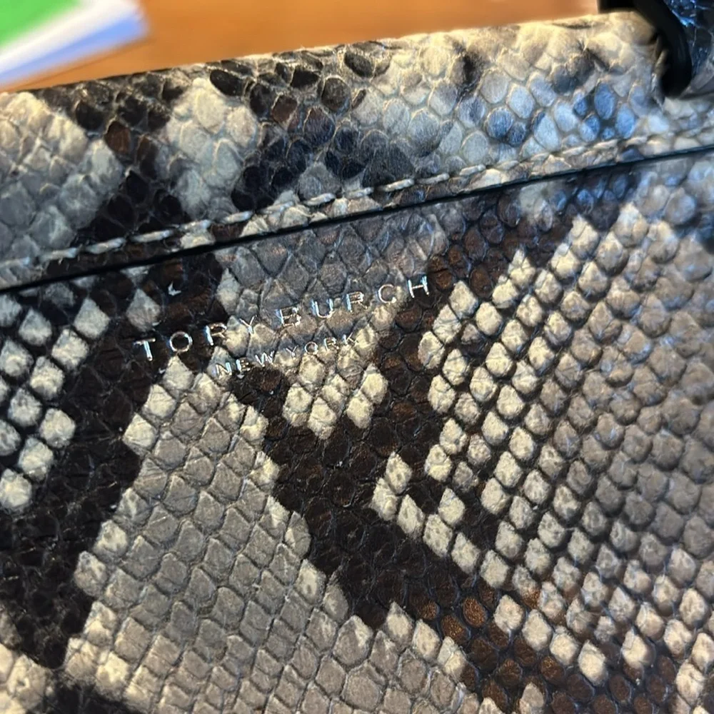 Tory Burch Python-Print Satchel in Black and Cream